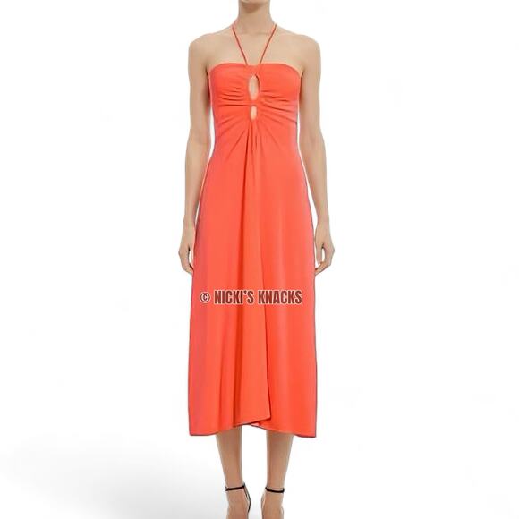 Sincerely Jules Neon Orange Cutout Jersey Knit Midi Dress Size XL Halter Flare - Picture 9 of 10